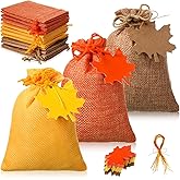 Wesnoy 24 Set Small Thanksgiving Burlap Gift Bags with Drawstring Autumn Goodie Bags with Maple Leaf Tags Jute Rope 4" x 5.5" Orange Yellow Brown Treat Sack for Fall Wedding Birthday Party Favor