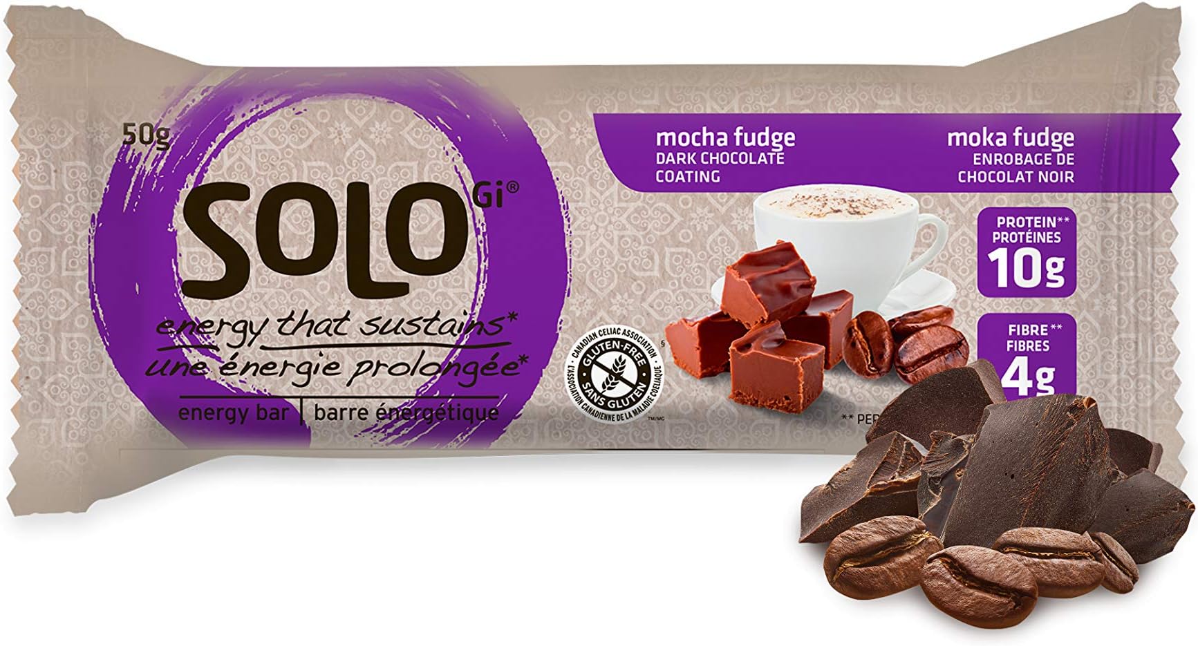 SoLo Gi Energy Bar Mocha Fudge Gluten Free Low Glycemic with 10 grams of Protein, 1.76oz (50g) (1 Box of 12 Bars)