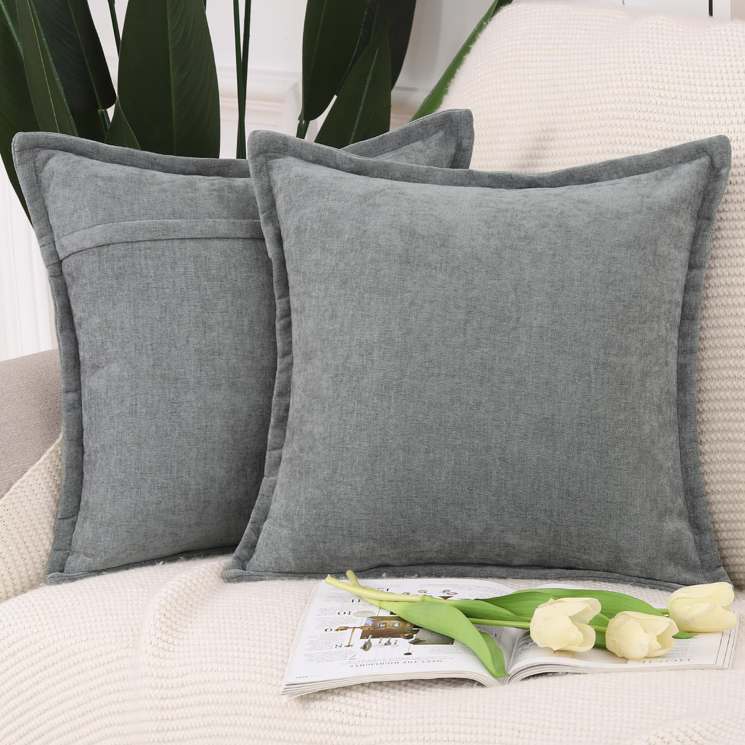 Madizz Fringe Chenille Cushion Covers Set of 2 Super Soft Boho Throw Pillow Covers Decorative Plain Throw Pillowcases Modern Home Decor for Sofa Bedroom Dark Grey 16x16 inch, 40x40 cm