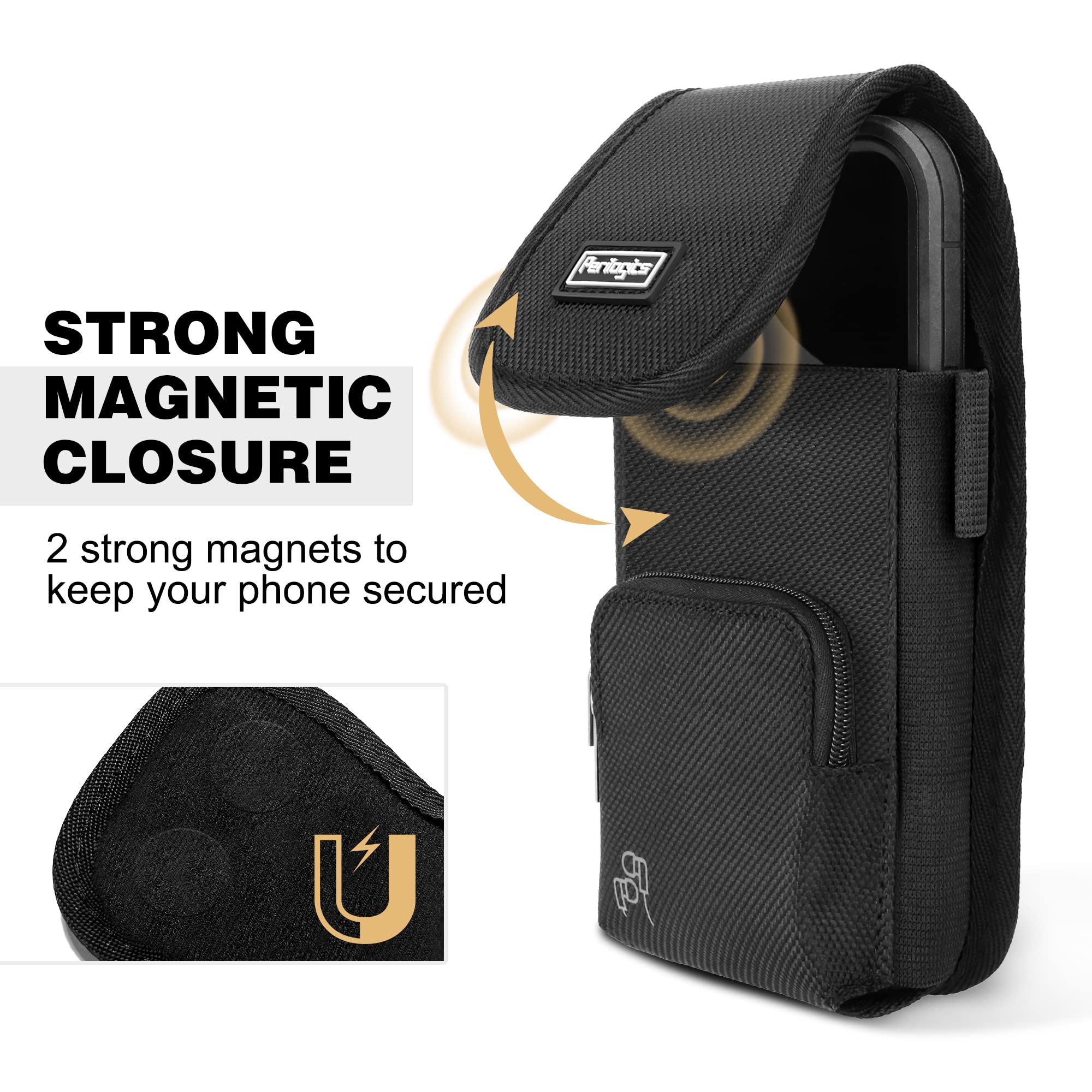 Perilogics Phone Holster with Magnetic Cover. Belt Clip Pouch for iPhone 16 Plus, 16 Pro Max and All Plus and Pro Max Models with Case Installed. Zipper Storage and Credit Card Pocket.