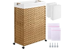 Greenstell Laundry Hamper with Wheels & Handles, 26.4 Gallon (100L) Slim Laundry Basket with 2 Removable Liner Bags & 2 Mesh Bags, Foldable Narrow Clothes Hamper for Bedroom, Bathroom, Closet, Natural
