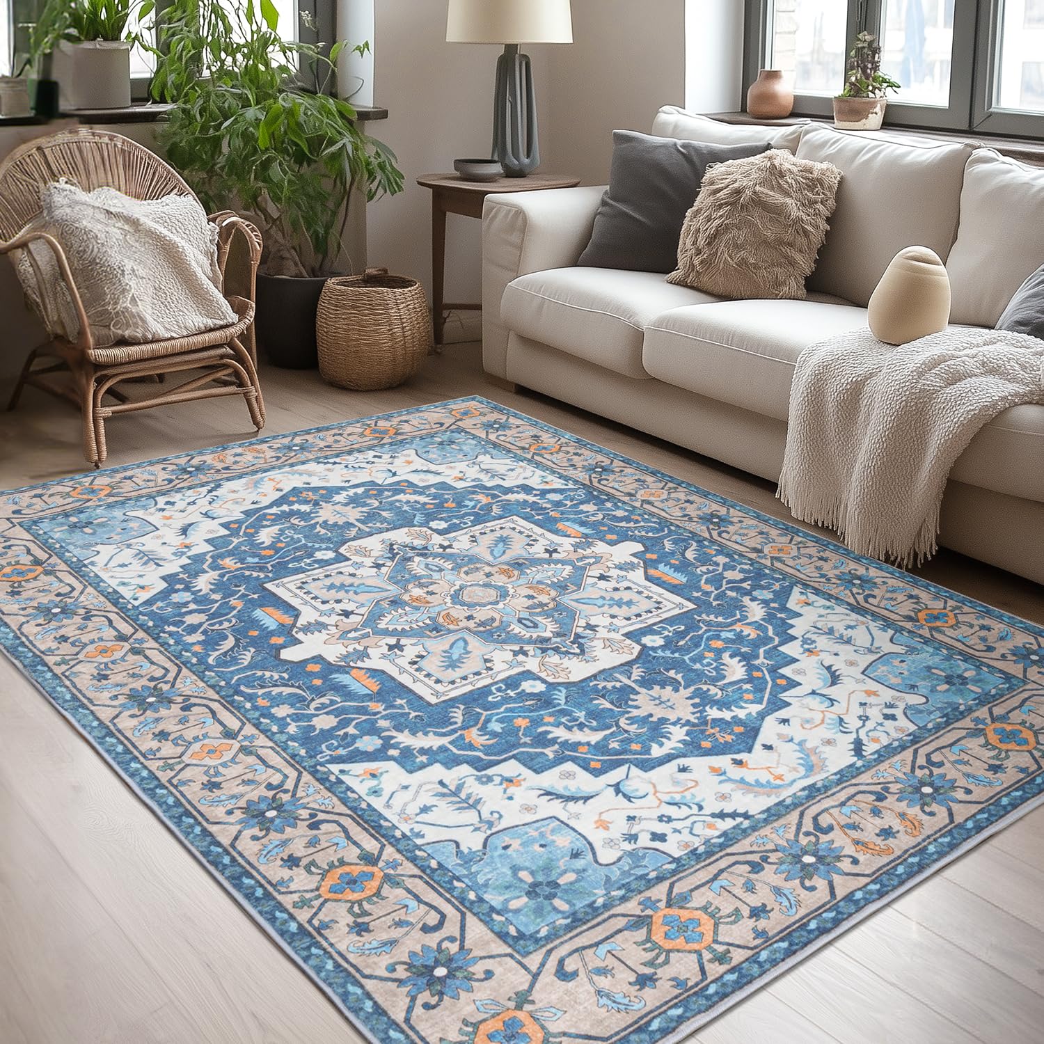 Photo 1 of Lessymo Washable Area Rugs 6x9- Boho Area Rug Low Pile for Bedroom Living Room Kitchen, Ultra-Soft Faux Wool Vintage Area Rug with Non-Slip Rubber, Kid & Pet Friendly, Blue Brown