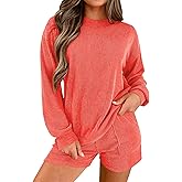 miduo Womens 2 Piece Sets Ribbed Textured Knit Long Sleeve Shirts and Shorts Matching Lounge Set Loungewear with Pockets