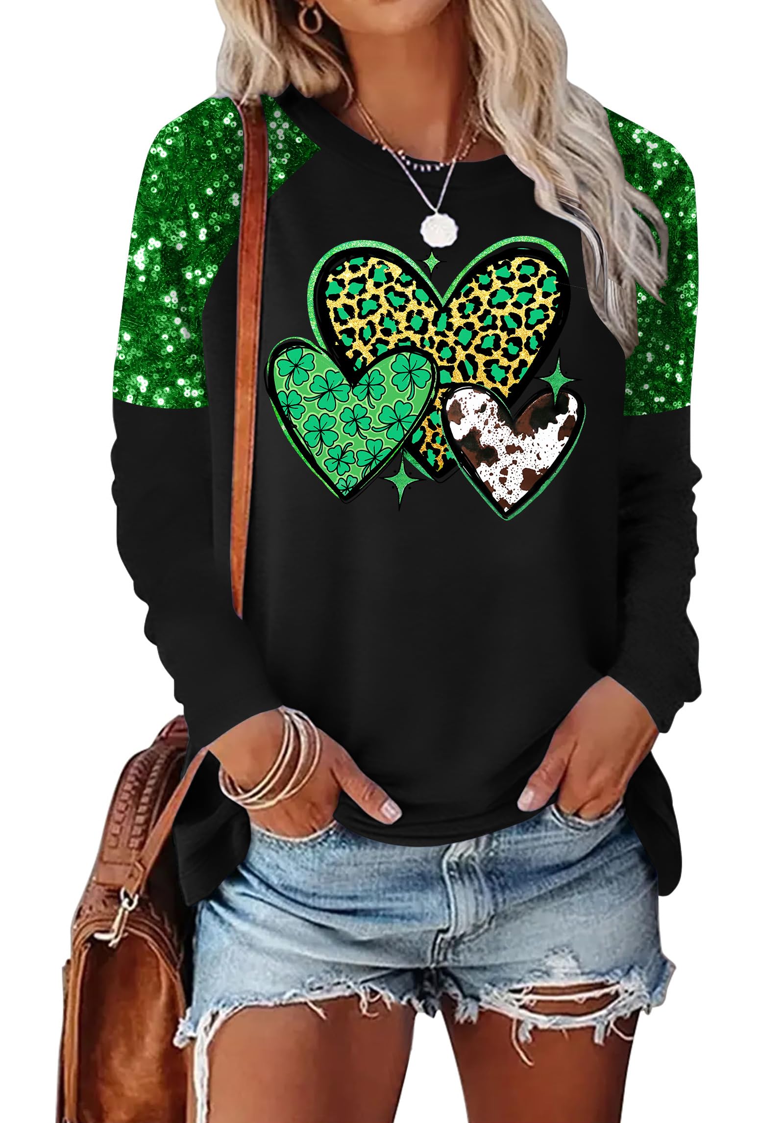 Photo 1 of  SIZE M HQP St Patricks Day Shirt Women Shamrock Sequined Splicing Long Sleeve T-Shirts Lucky Clover Graphic Tee Tops