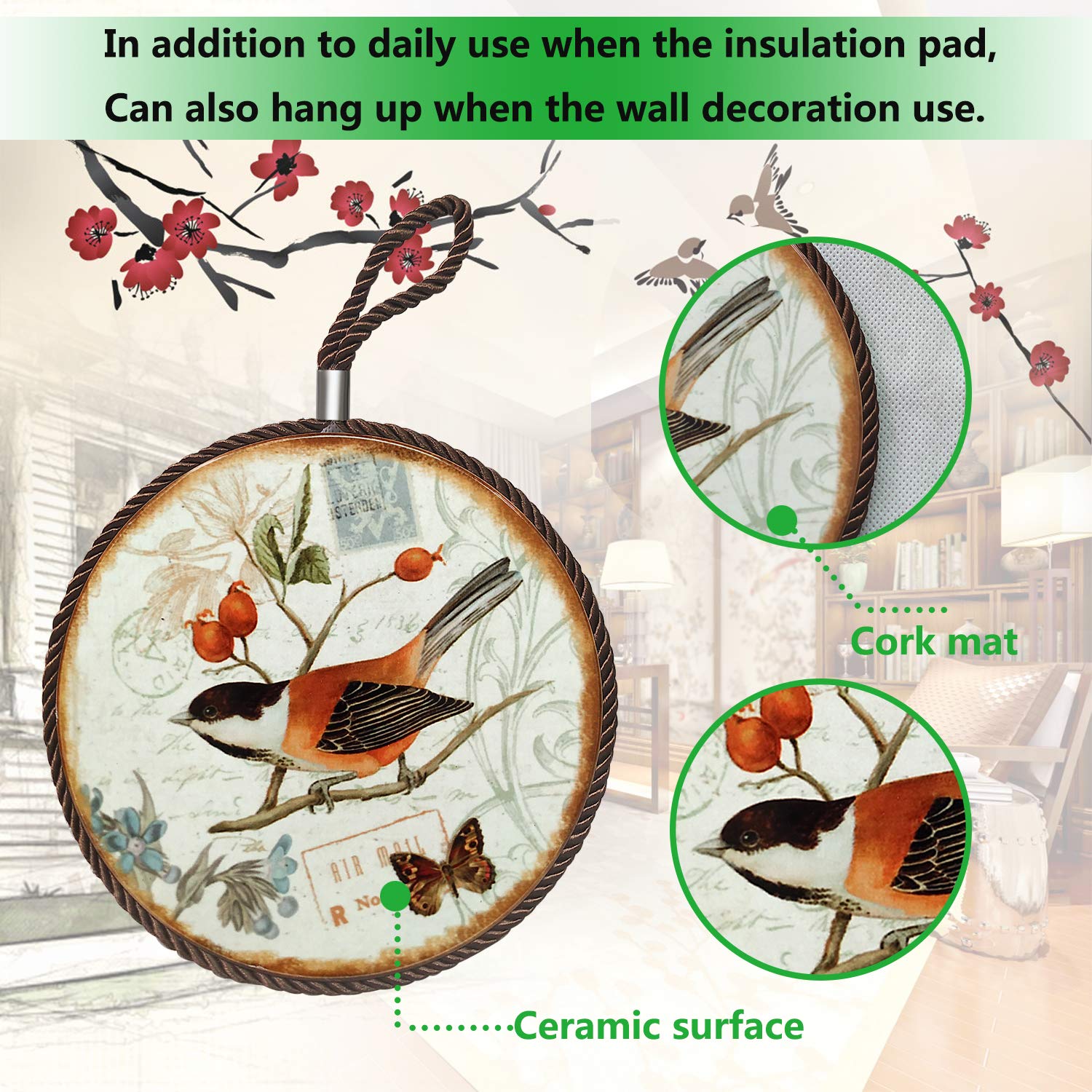 LoveHome Decor Ceramic Pot Holder,Vintage Style The Painting Bird Pattern Non-Skid Heat Insulation Hot Pot Pad Mug Cork Mat Cork Holder Round Bowl Pad Coaster Cushion