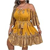 Verdusa Women's Plus Size Paisley Floral Cold Shoulder Vacation Dresses 3/4 Sleeve Belted Waist Flowy Summer Dress
