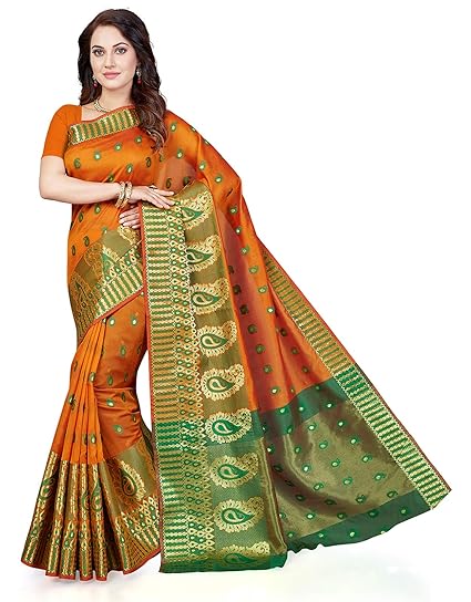 Poly Silk Orange Woven Womens Saree