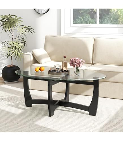 Table Basse Design En Verre Trempé Et Bois D'hévéa - Plateau Irrégulier 82x57 Cm - Charge 60 Kg - Naturel/Noisette