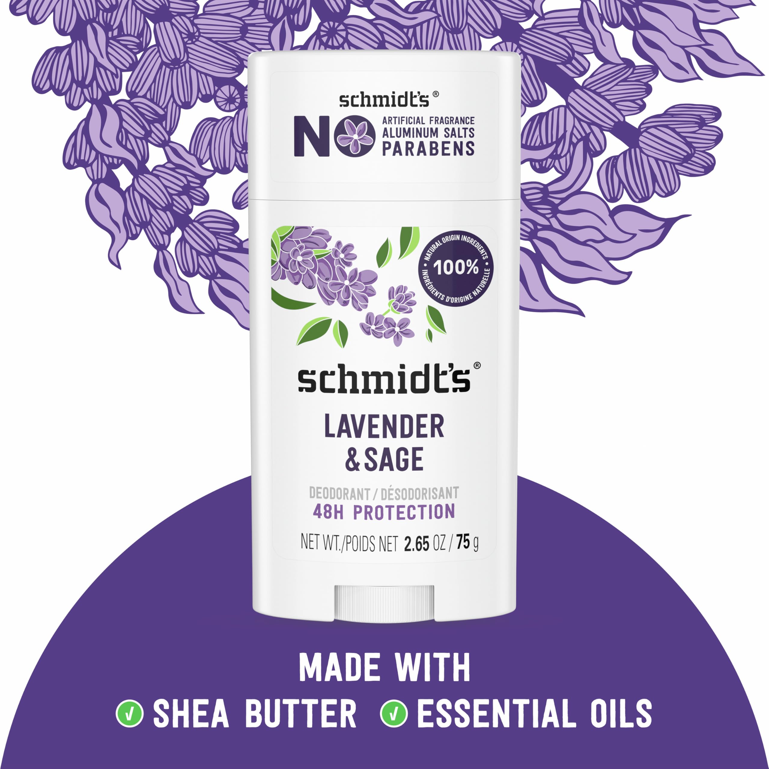 Schmidt's Aluminum-Free Vegan Deodorant Lavender & Sage with 24 Hour Odor Protection, 2 Count for Women and Men, Natural Ingredients, Cruelty-Free, 2.65 oz