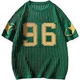 Verdusa Men's Jersey Shirt Y2k Tops Baggy Crochet Short Sleeve Letter Print Vintage Lightweight Pullover Sweater Green Small