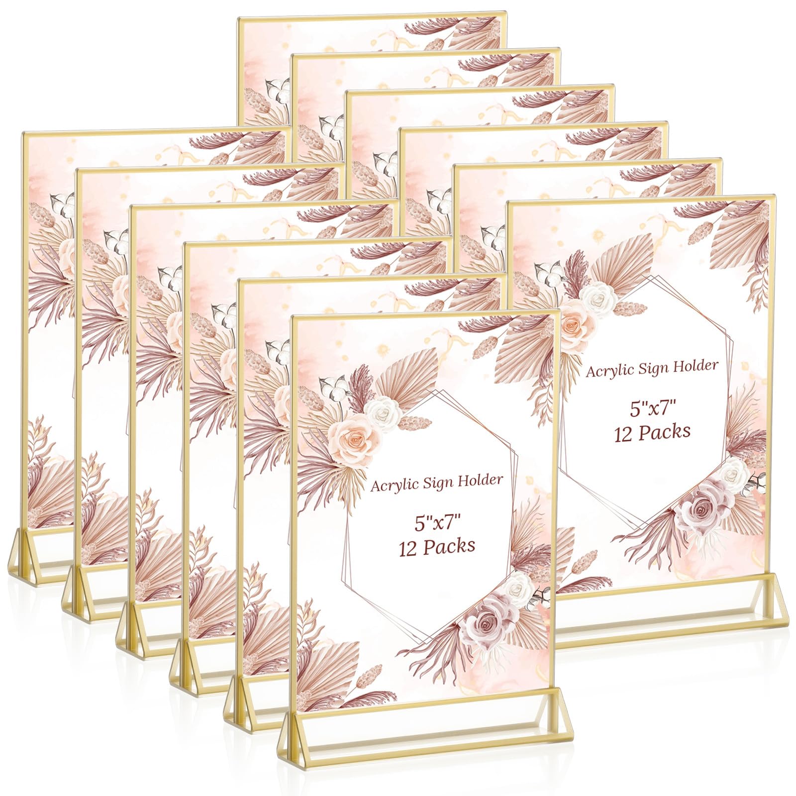 Photo 1 of 12 Pack Acrylic Sign Holder 5x7,Double-Sided Gold Picture Frame Table Number Holder,Clear Wedding Table Display Stand Menu Flyer Holders for Home, Party, Restaurant