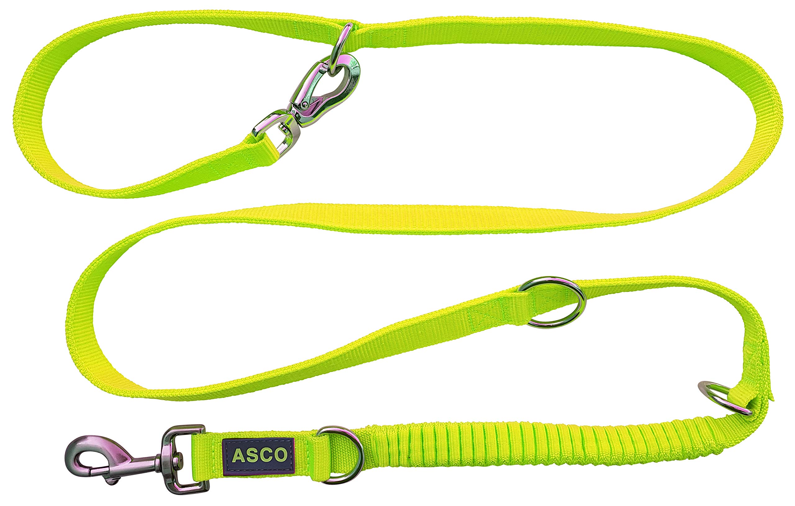 ASCO dog lead with shock absorber; sturdy training lead, adjustable in 4 lengths; premium lead also for large dogs, 100-200cm / 3-7 ft, neon yellow AC07L