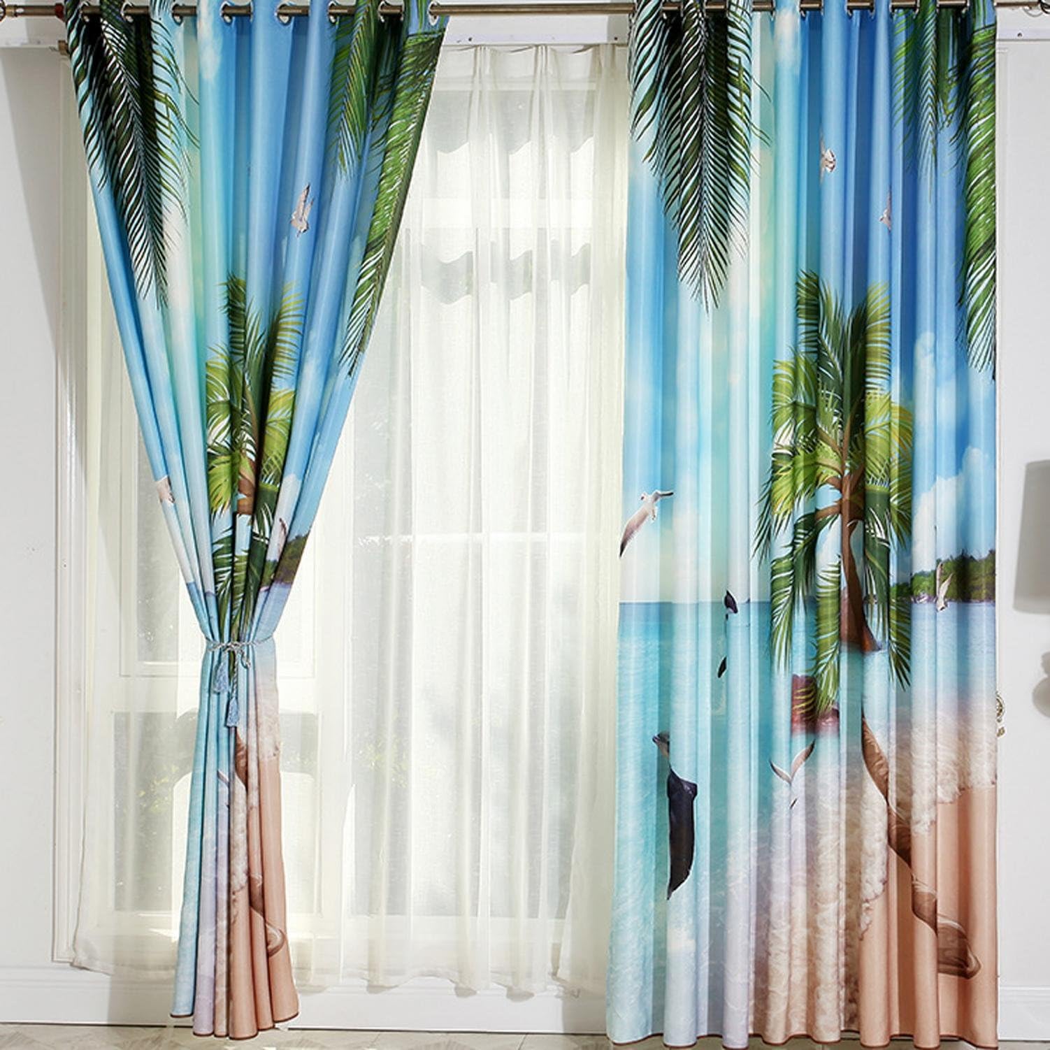 AINIJ Summer beach 3D digital curtains printed linen curtains curtains bedroom study curtains living room windows curtains curtains curtains, 1.5m