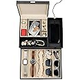 Mens Jewelry Box Nightstand Organizer - Everyday Carry Valet Tray for Men - Watch and Jewelry Box for Men with Large Smartphone Charging Station - Mens Jewelry Organizer & Valet Box