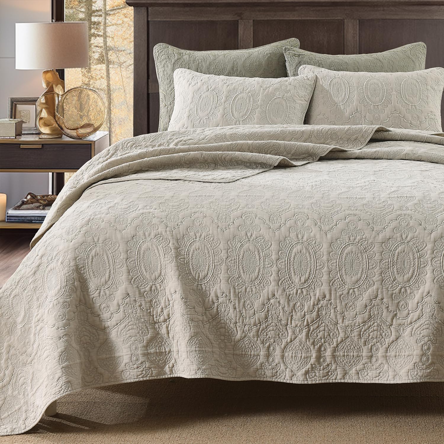 Photo 1 of HORIMOTE HOME Cotton Quilt King Size, Beige Jacquard Embossed Quilt Set King Size Soft Lightweight Stonewashed Bedspread Coverlet, Vintage Farmhouse Style Quilt Bedding Set for All Season, 3 Pieces