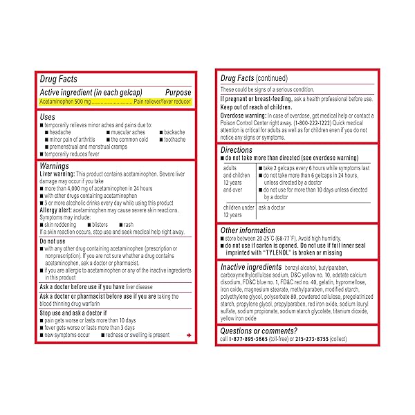 TYLENOL EXTRA STRENGTH ACETAMINOPHEN RAPID RELEASE GELS, EXTRA STRENGTH PAIN RELIEVER & FEVER REDUCER, GELCAPS WITH LASER-DRILLED HOLES, 500 MG ACETAMINOPHEN, 100 CT