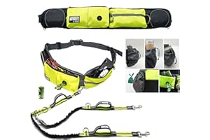 TAKSIN The Ultimate Hands Free Two Dogs Double Leash System for Walking Running Hiking Training, Reflective Bungee Leash, Treat Holder, Poop Bag Dispenser Small Medium Large Dogs (Yellow Deluxe Pack)