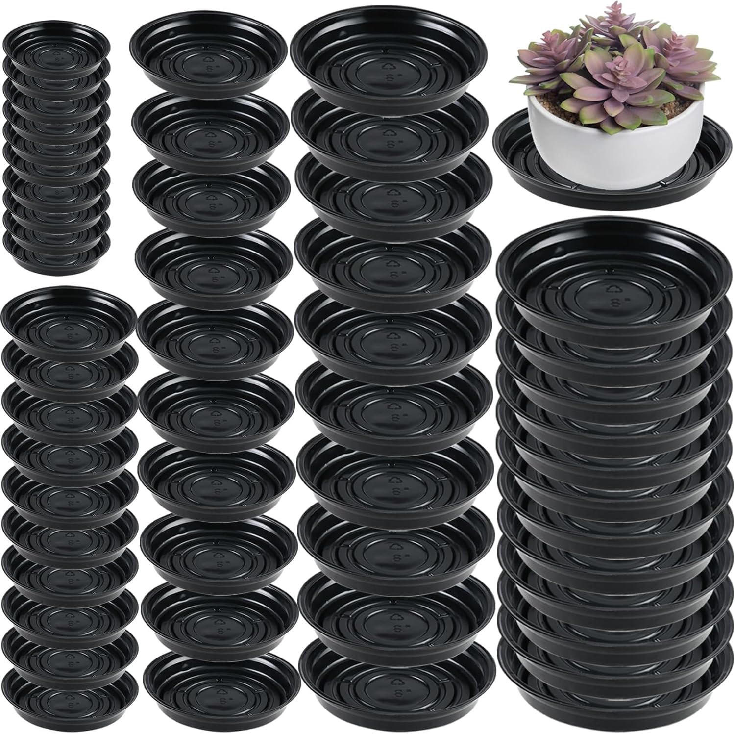 Photo 1 of 50 Packs 4/6/8/10/12 Inches Plant Saucers for Indoor Outdoor Use Heavy Duty Plastic Plant Plate Dish for Planter Bulk Round Flower Pot Drip Trays to Catch Water 4 to 20 Inch, Black