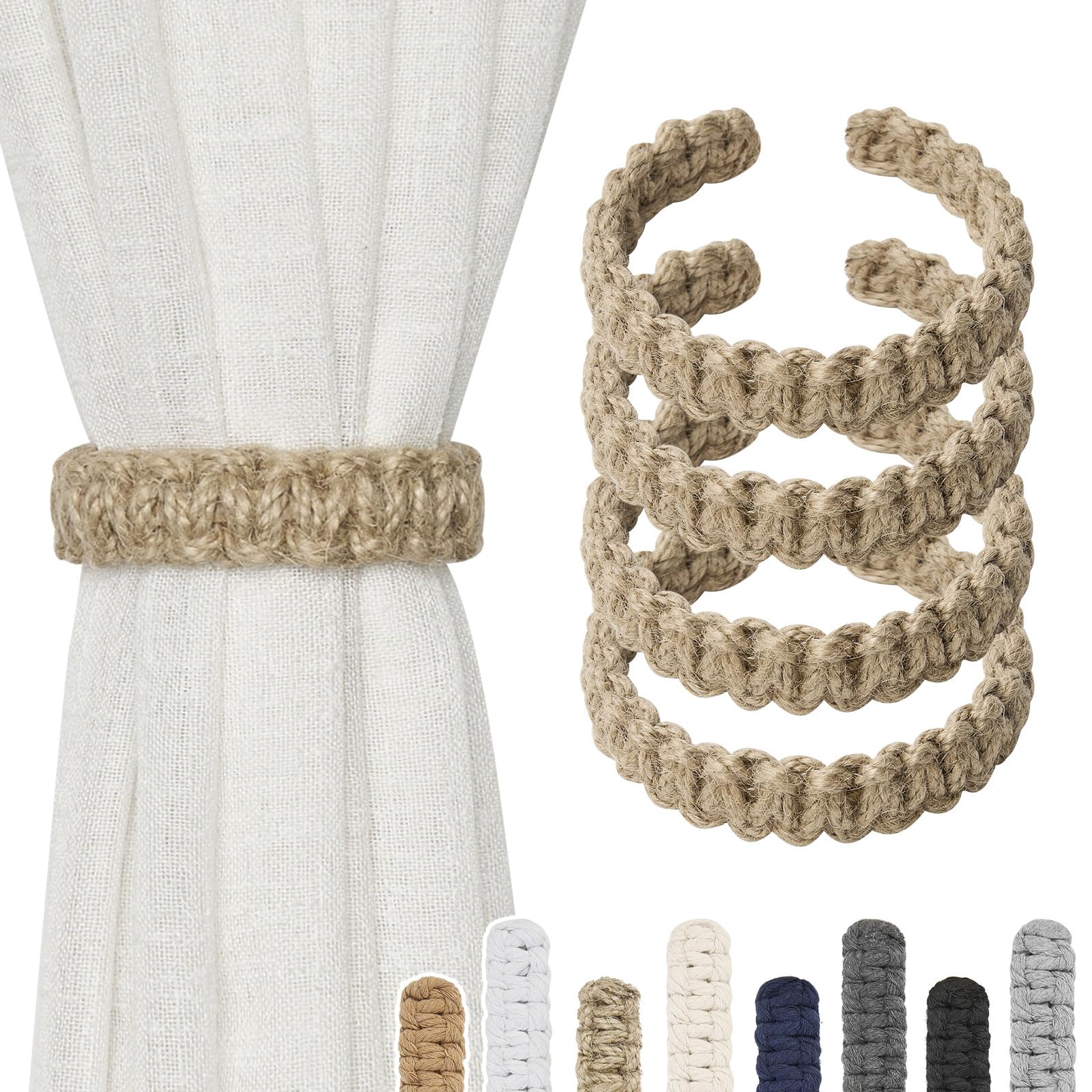 Pretty Jolly 4 Pack Natural Jute Rope Curtain Tiebacks Farmhouse Rustic Style Decorative Drape Tie Backs Handmade Braided Curtain Holdbacks for Home Sheer/Light Weight Drapery (J-Natural-S)