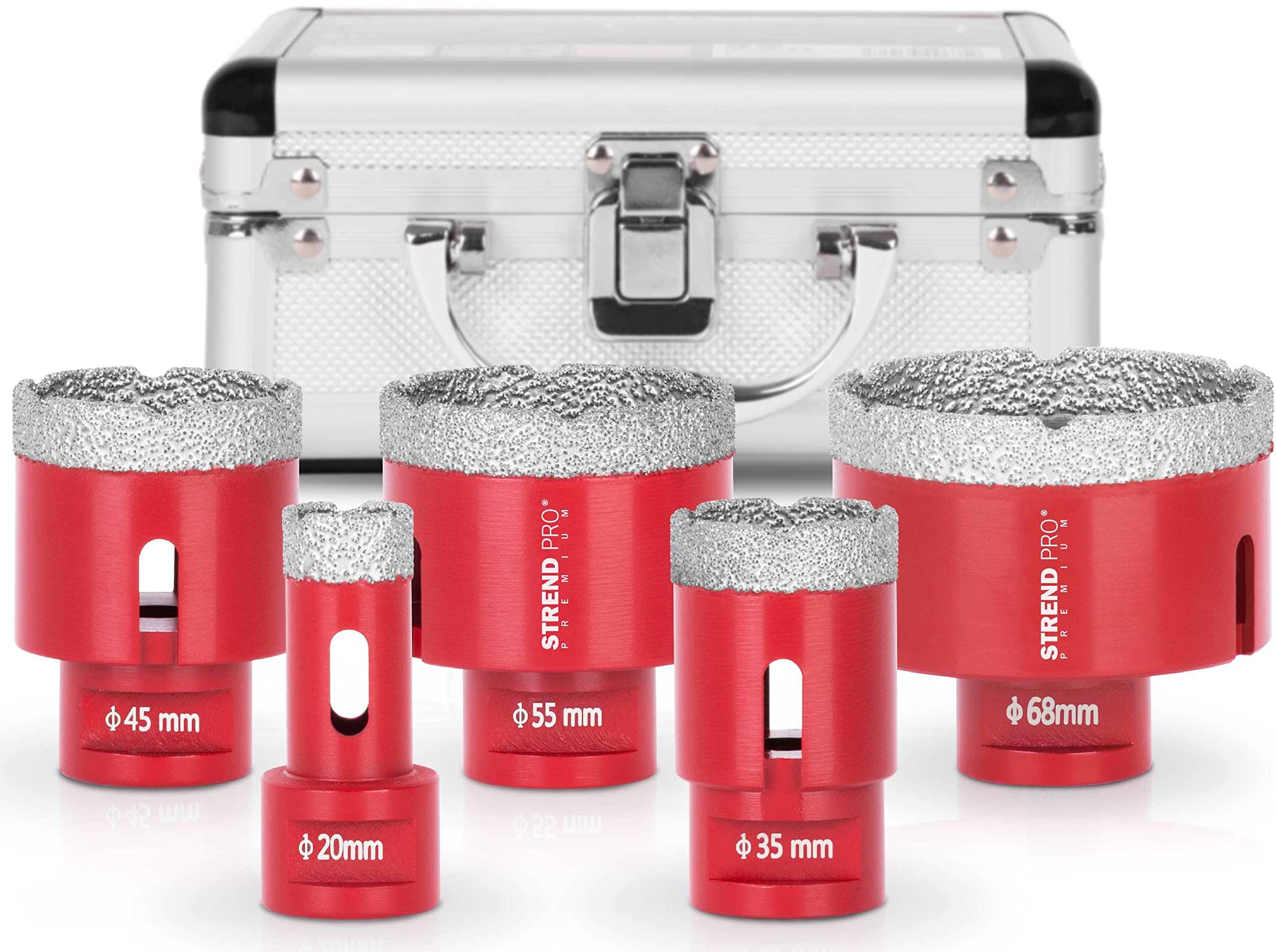 Diamond Tile Drill Set for Tiles/Glass/Porcelain Stoneware | 20-35-45-55-68 mm | Premium Hole Saw for Angle Grinder Flex M14 | Aluminium Case | Ceramic/Granite/Stone Tiles | Dense Diamond Layer