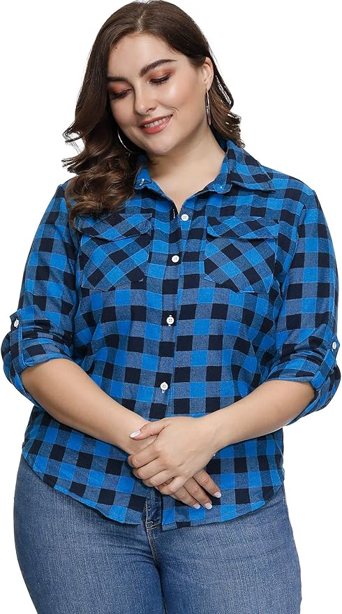 Plus size plaid button down shirt Clearance