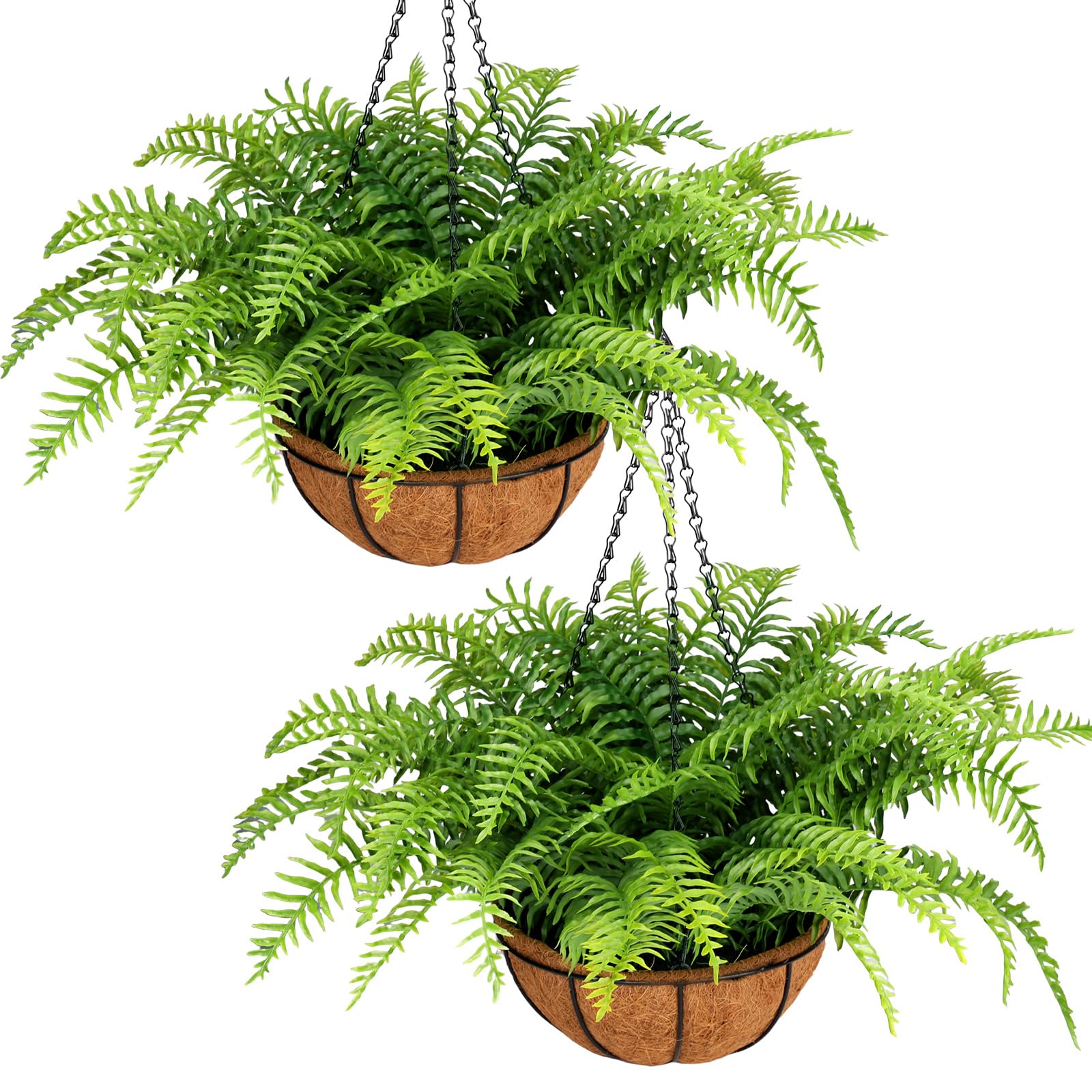PABREY 2 Set Fake Ferns with Hanging Baskets, UV Resistant Fake Hanging Ferns Plants, Outdoor Artificial Hanging Plants for Front Porch Garden Balcony Patio Home Decor, No Assembly