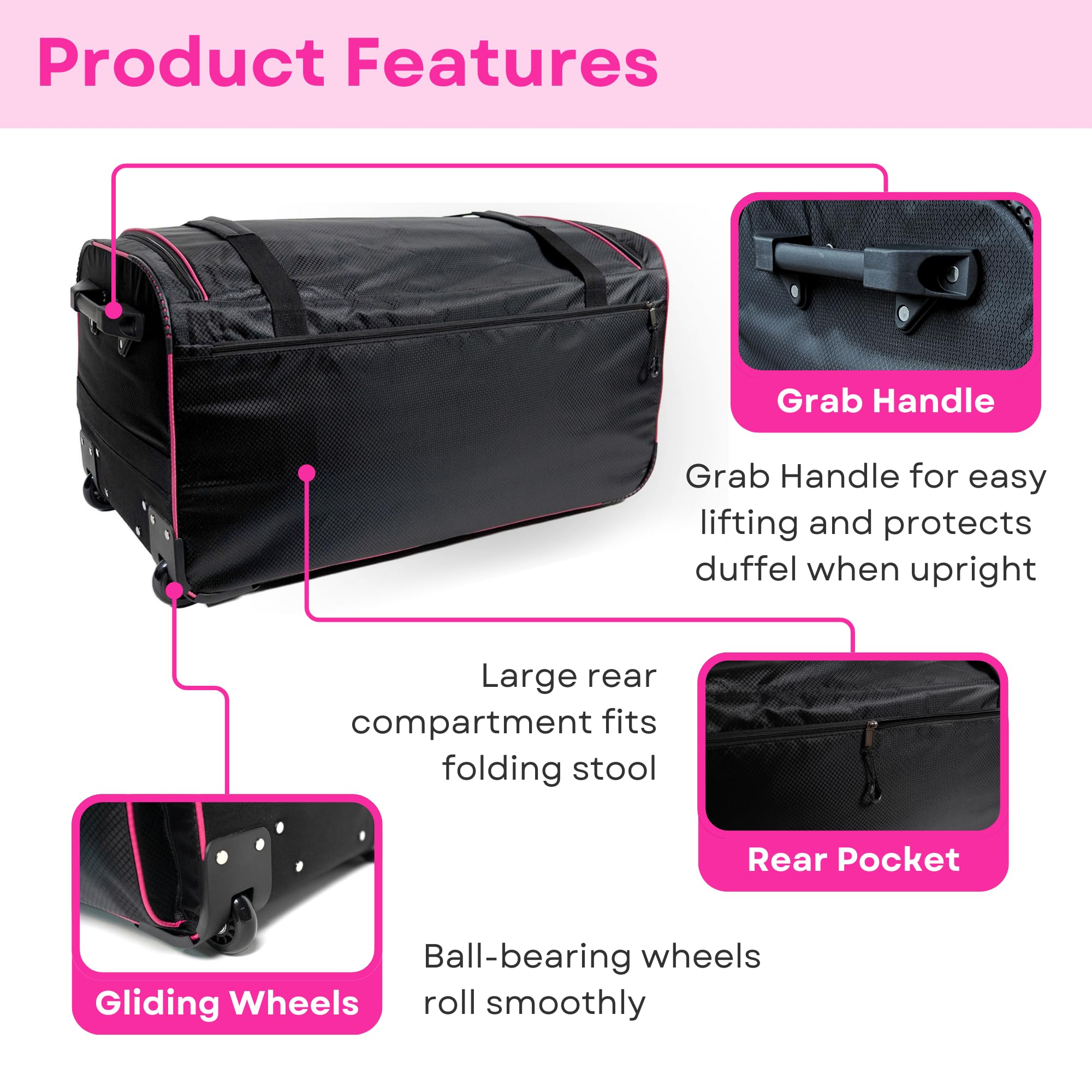 Ecogear Dance Bag with Garment Rack, 28 Inch Rolling Duffel Ideal for Dance Competition & Travel, Wheeled Upright Luggage with Easy-assembly Lightweight Aluminum Clothes Rack, Black/Pink
