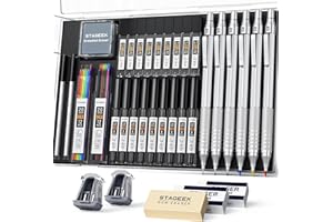 STAGEEK 35Pcs Art Mechanical Pencil Set with Case, 0.5 0.7 0.9 2.0 Graphite Metal Drawing Drafting Pencils, Sharpener Erasers 384PCS Lead Refills (6B 4B 2B HB 2H 4H Colors)Pencils for Writing Sketching,Silver