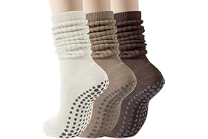 TOAMOUR Pilates Socks with Grips for Women, 3 Pairs Long Scrunch Non Slip Yoga Barre Hospital Slouch Socks