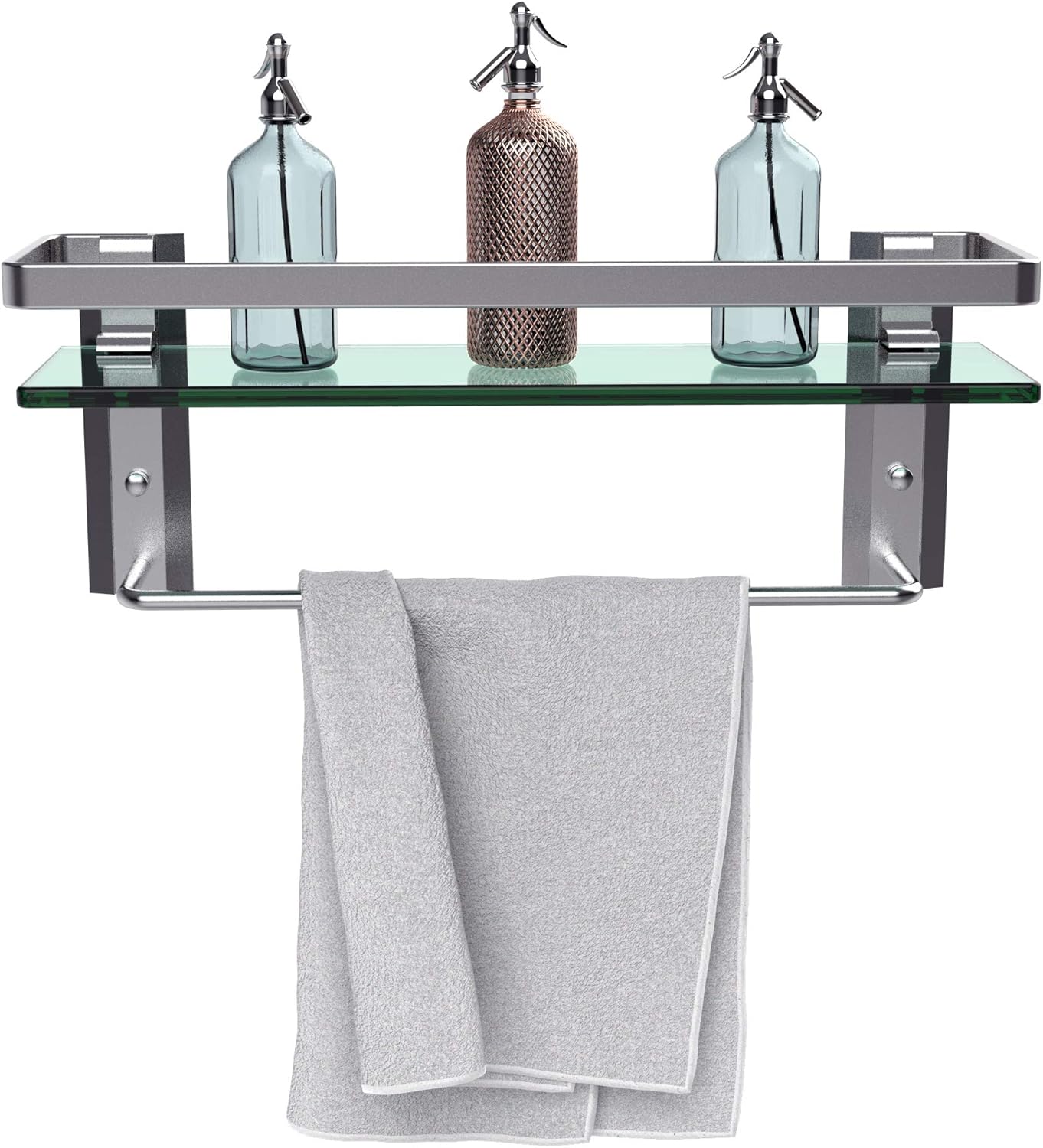 GeekDigg Bathroom Shelf, Tempered Glass Floating Shelves Wall Mounted Storage Shelves with Towel Bar (1 Tier): Kitchen & Dining