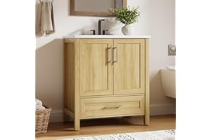 30" Bathroom Vanity with Sink, Freestanding Natural Wood Cabinet with Ceramic Basin & Soft-Closing Doors, 76 cm Modern Farmho