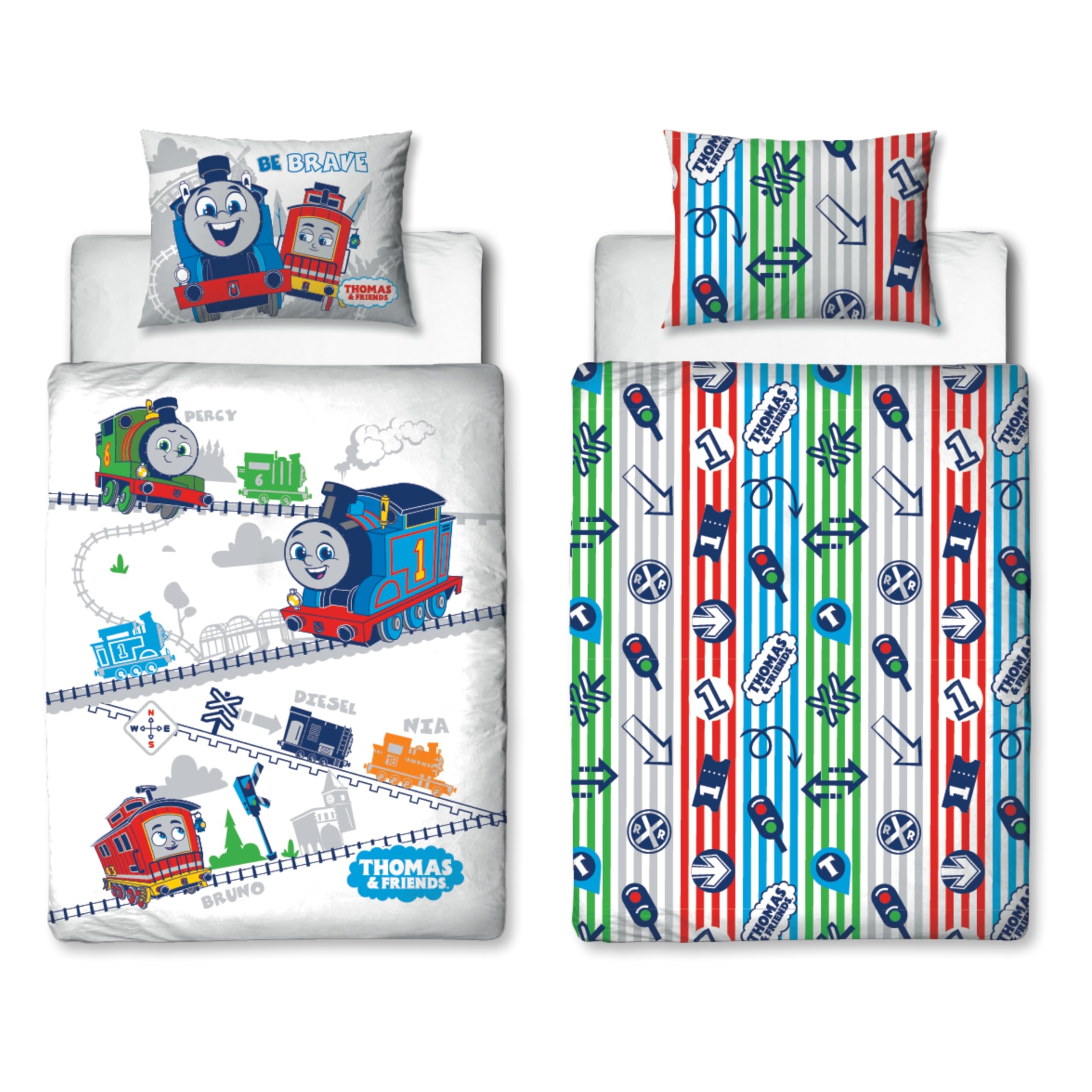 THOMAS & FRIENDS Official Childs Toddler Cot Bed Duvet Cover | All Aboard Thomas the Tank Engine Reversible 2 Sided bedding with Matching Pillowcase, Polycotton