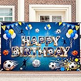 Blue Soccer Themed Happy Birthday Banner, Large Party Decor for Sports Fan Yard Wall Photo Booth