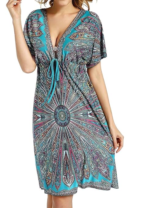 Avacoo Damen Strandkleider V Ausschnitt Blumen Sommerkleid Midi Kleid Pareos Marokko