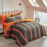 Flysheep Boho Striped Halloween Bed in a Bag 7 Pieces Queen Size, Ombre Bright Orange Stripes on Black Comforter Sheet Set (1 Comforter, 1 Flat Sheet, 1 Fitted Sheet, 2 Pillow Shams, 2 Pillowcases)