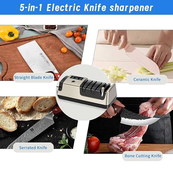 PROFESSIONAL 5-IN-1 ELECTRIC KNIFE SHARPENER W/LCD, SCISSOR SHARPENER WITH 3-SPEED & 100% DIAMOND ABRASIVES -PRECISION ANGLE GUIDES SHARPENS STRAIGHT, SERRATED, CLEAVER KNIVES