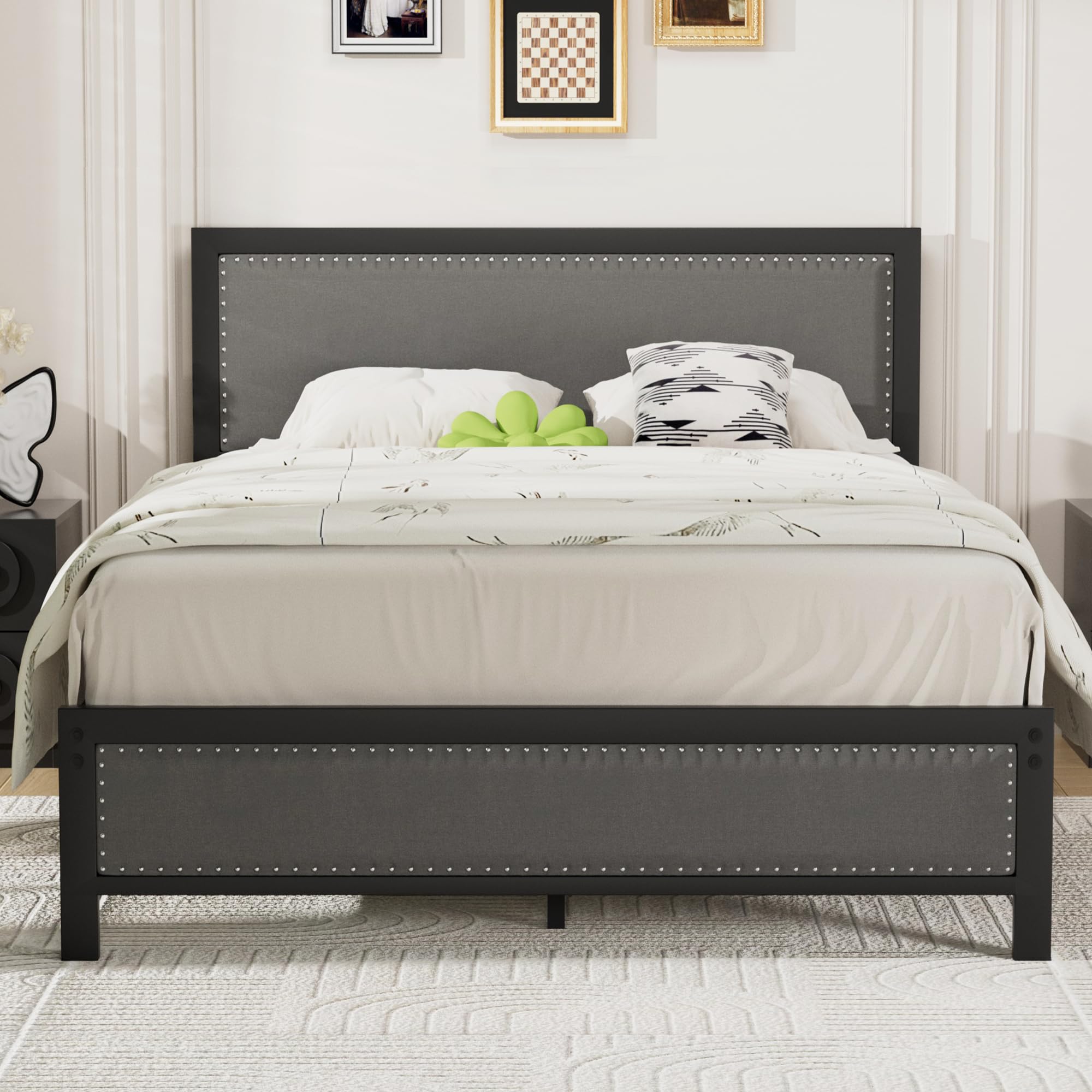 VECELO Queen Size Bed Frame with Upholstered Headboard, Heavy-Duty Platform with Strong Steel Slats, No Box Spring Needed, Easy Assembly, Black&Grey Image
