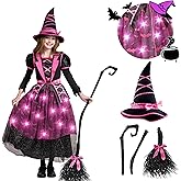 Spooktacular Creations Halloween Witch Costume Kids, Light Up Witch Dress with Hat and Broom for Girls, Toddlers Bat Outfit Set for Halloween Costumes Role Play Parties, Pink (Medium(8-10 yrs))