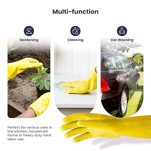 FMP Brands Cleaning Gloves: Pairs Reusable Waterproof Latex Dishes Gloves  for Washing, Non-Slip (Medium, Yel