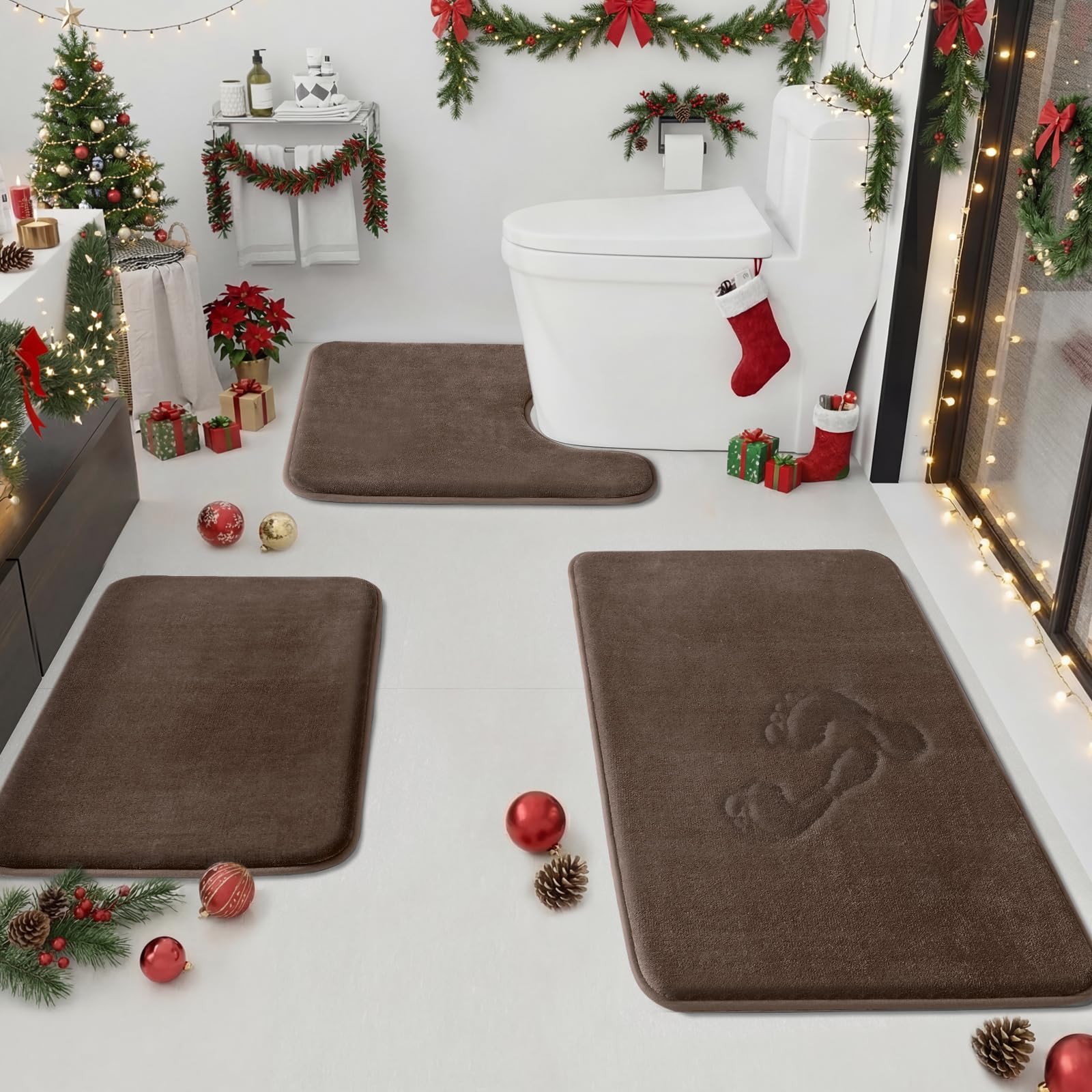 Photo 1 of HUXMEYSON Bathroom Rugs Sets 3 Piece, Non-Slip & Quick Dry Bath Mat Set, Ultra Soft Velvet Bath Rugs for Bathroom, Toilet and Shower Floor, Brown
