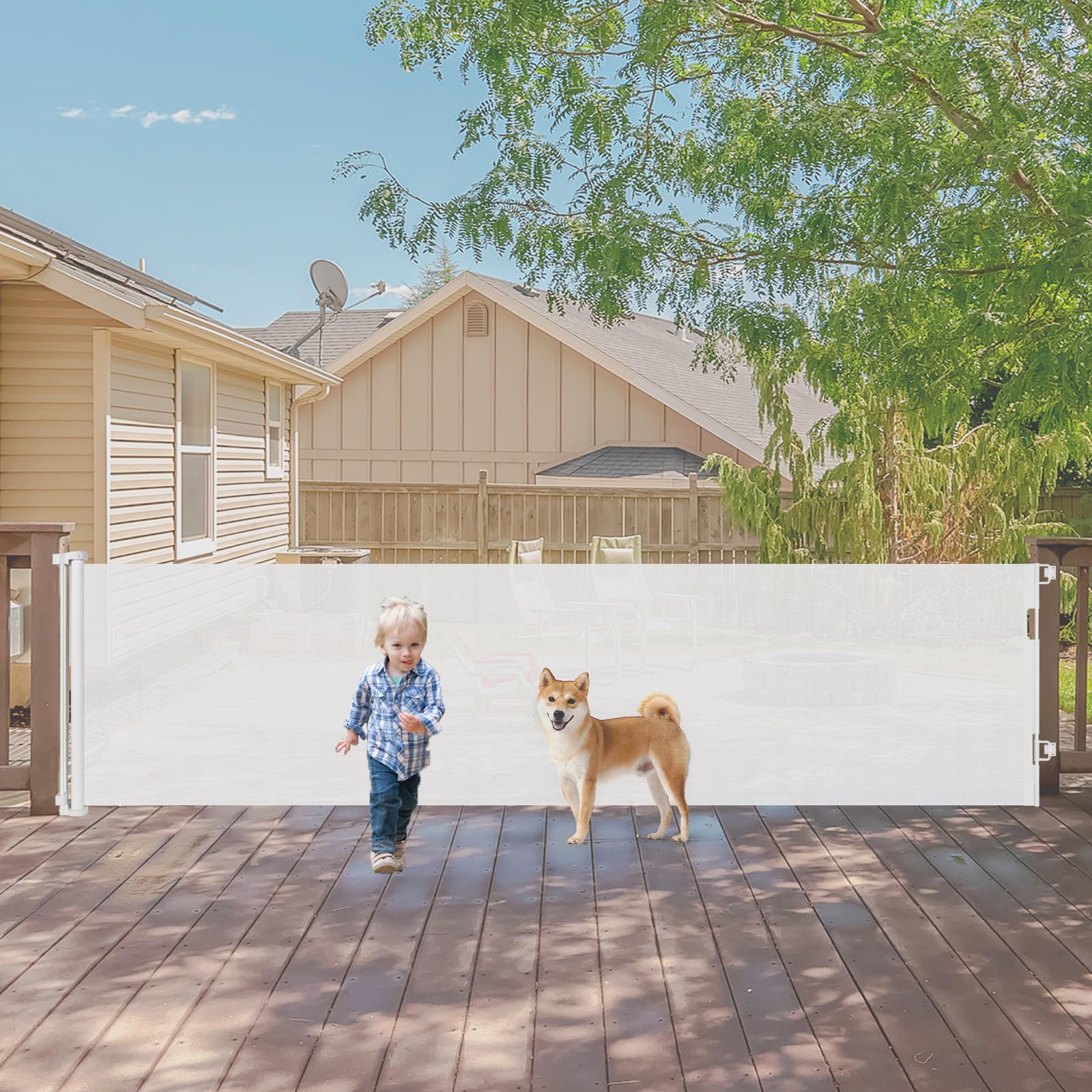 Photo 1 of 140 Inch Wide Retractable Baby Gates Retractable Dog Gate for Large Openings, Extra Wide Baby Gates for Dogs Indoor Retractable Gate Outdoor Pet Gate, Mesh Gates for Kids or Pets Dog Fence, White