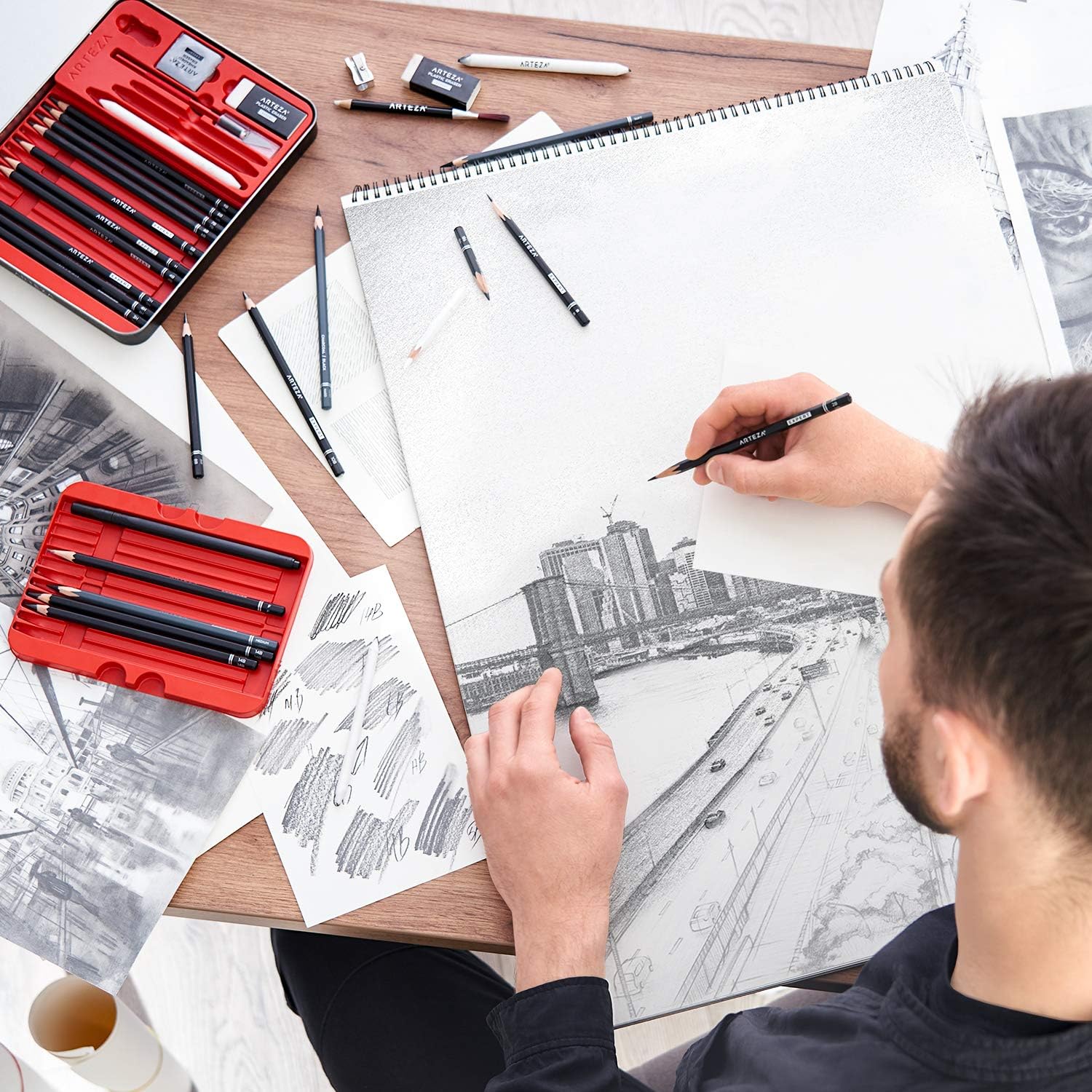 Arteza Drawing Set for Adults, Set of 33 Artist Sketching Tools, Includes 20 Graphite & 4 Charcoal Sketch Pencils, 1 Fineliner, 3 Blenders, 1 Sharpener, 3 Erasers & 1 Hobby Knife : Office Products