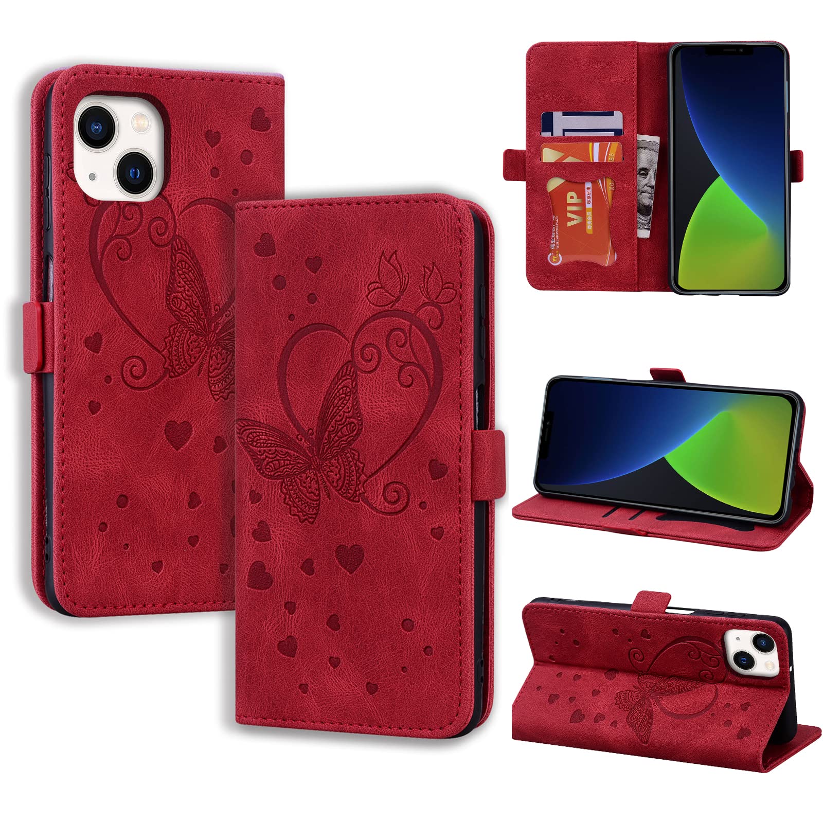 CASAFUNY Case for iPhone 14 Case Flip Wallet Leather Case with Card Holder Kickstand Magnetic Closure Protective Phone Case Cover for iPhone 14, Red