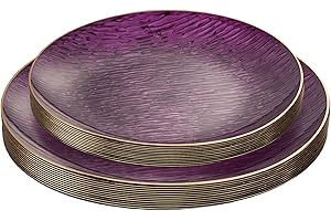 PLASTICPRO 24 Pieces Elegant Plastic Plates for Party Purple with Gold Rim Includes 7" inch and 10" inch Fancy Plastic Plates