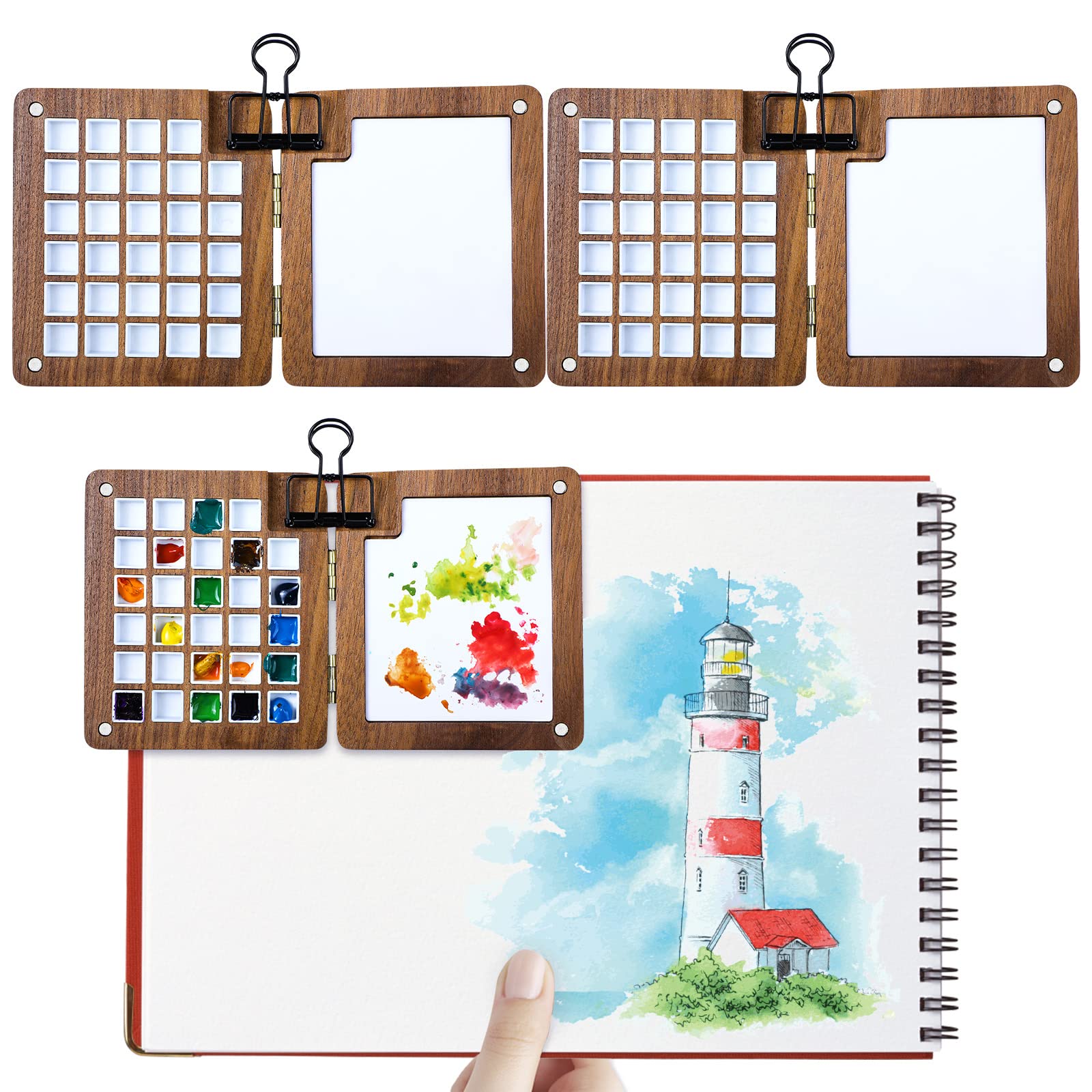 Photo 1 of 2 Pcs Portable Watercolor Palette with Clips 29 Grids Travel Watercolor Palette Walnut Wood Paint Palette Wooden Mini Paint Tray Box for Artists Outdoors Travel Sketchbook Gouache Painting Kit