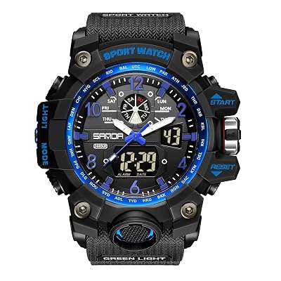 KXAITO Men's Watches Sports Outdoor Waterproof Military Watch Date Multi Function Tactics LED Face Alarm Stopwatch for Men 3169 (Blue)