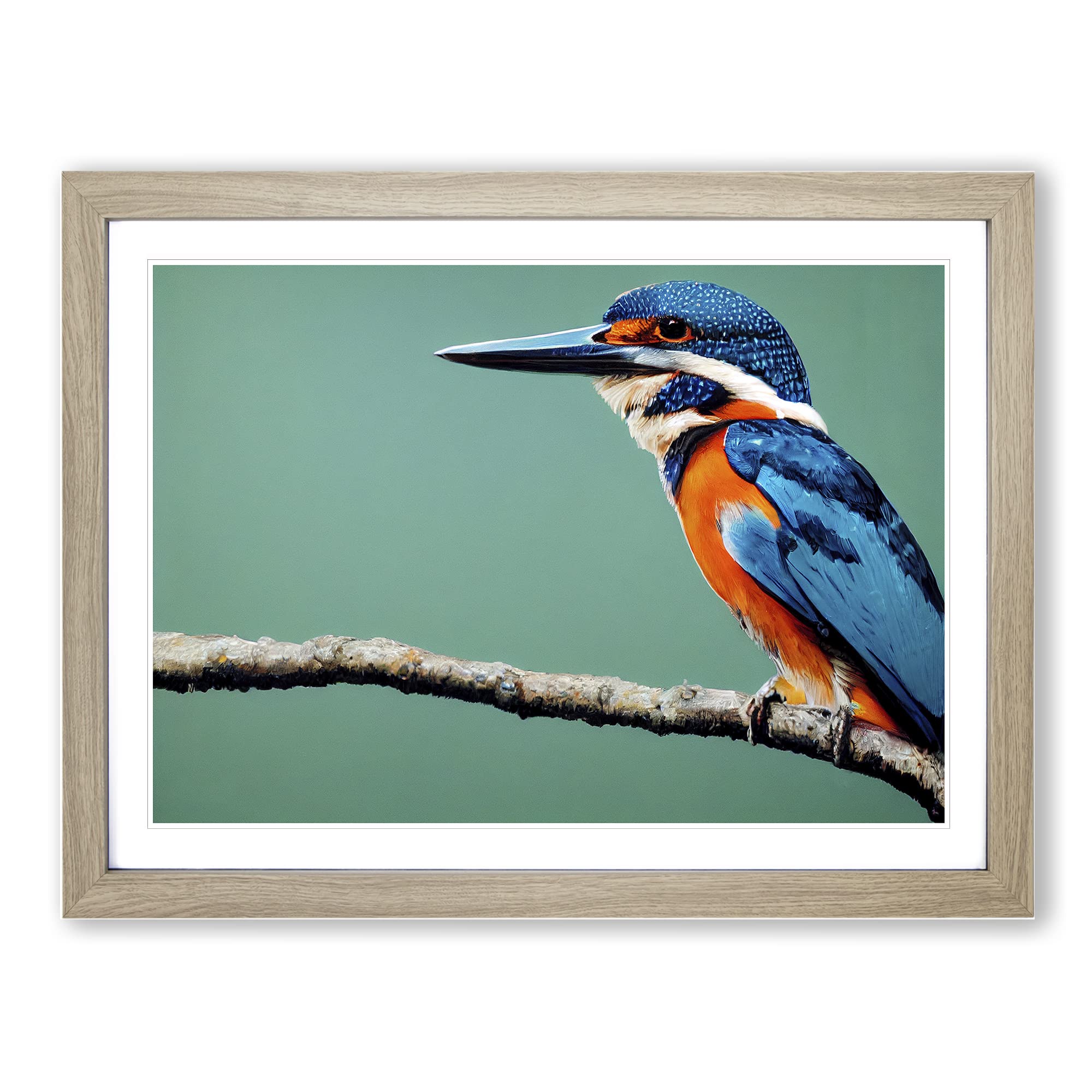 Head Turning Kingfisher Bird Framed Print | A4 Oak Framed Wall Art | Ready to Hang | Modern Nature Picture | Living Room Bedroom Lounge Office