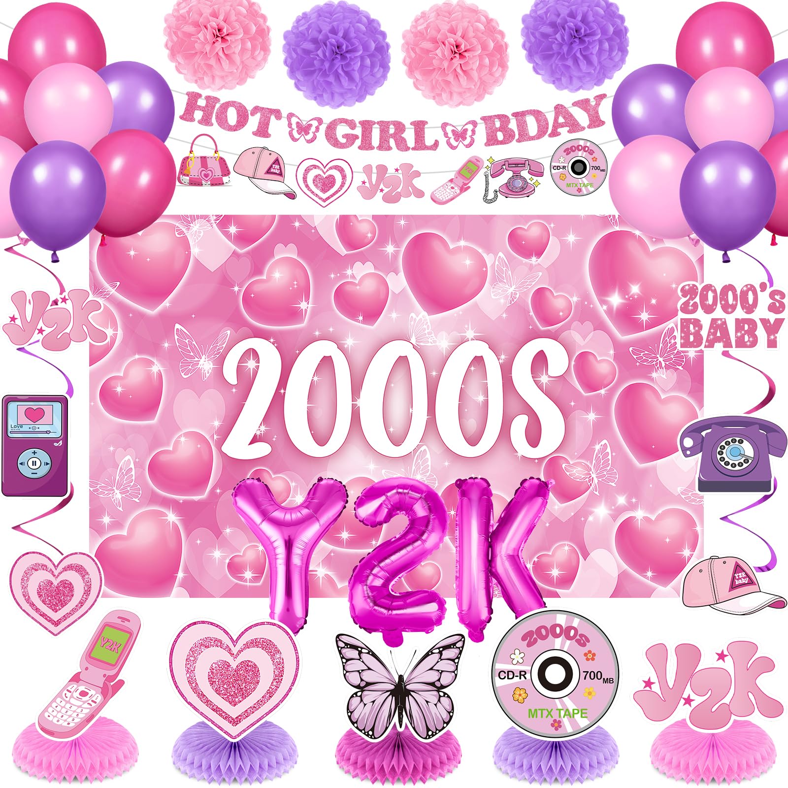 Photo 1 of Y2K Party Decorations Early 2000s Banner Hanging Swirls Y2K 2000s Honeycomb Centerpieces Balloons Paper Pompoms Hot Girl Bday Banner for Girls Women Teen Pink Birthday Party Supplies