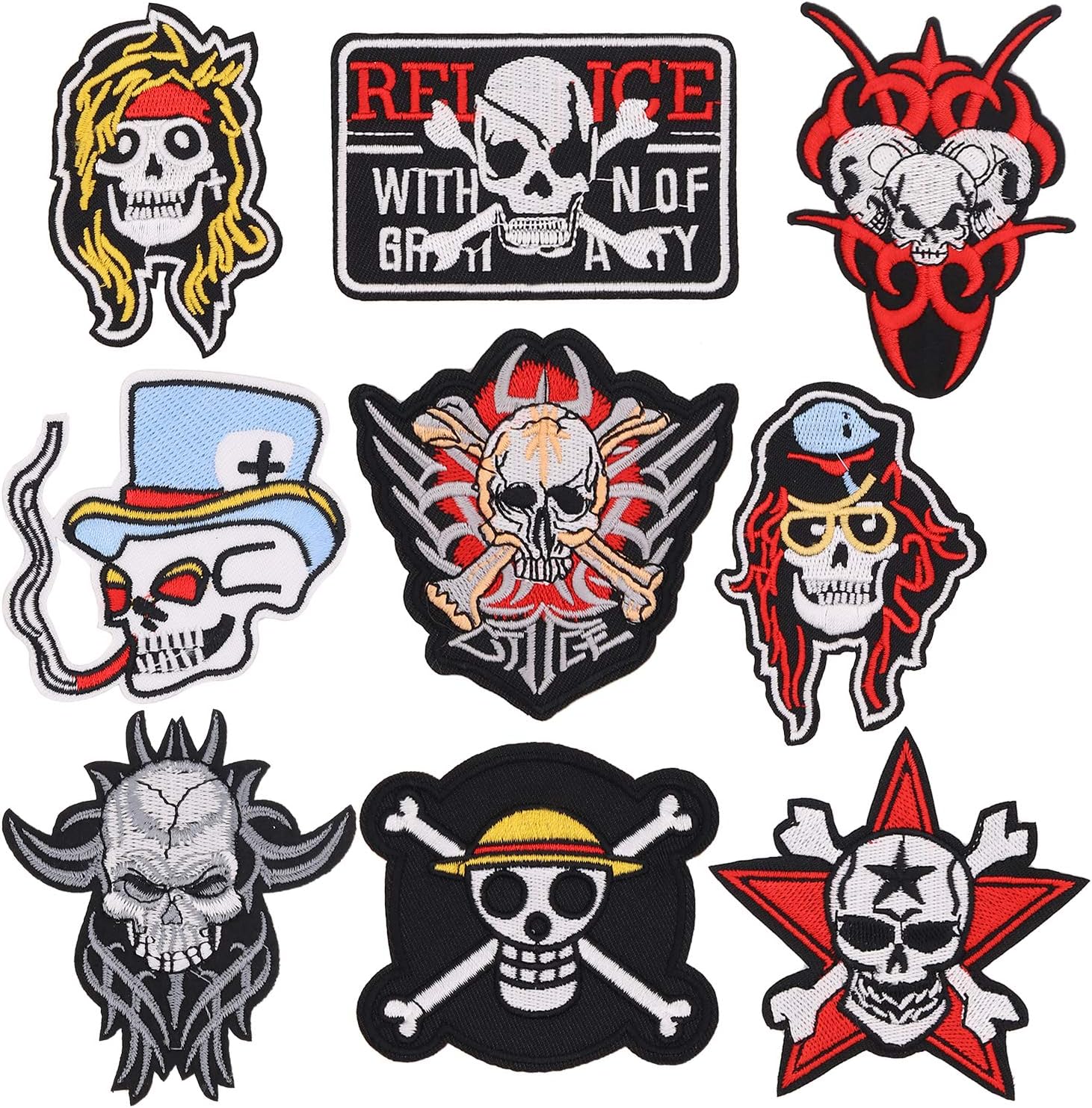 9pcs Assorted Pirate Skull Iron on Patches Embroidered Motif Applique Decoration Sew On Patches Custom Patches for DIY Jeans,Jacket,Kid's Clothing,Bag,Backpack,Caps,Arts Craft Sew Making(Pirate Skull)