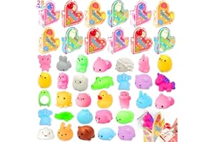 AMENON 28 Pack Valentines Day Gifts Animals Mochi Squishies Toys with Heart Boxes Valentines Cards for Kids School Classroom Exchange Stress Relief Fidget Squeeze Toys for Girls Boys Valentine Party Favors